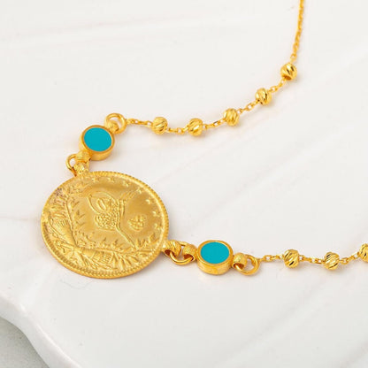 22K Yellow Gold Half Ottoman Resat Coin Bead Turquoise Necklace