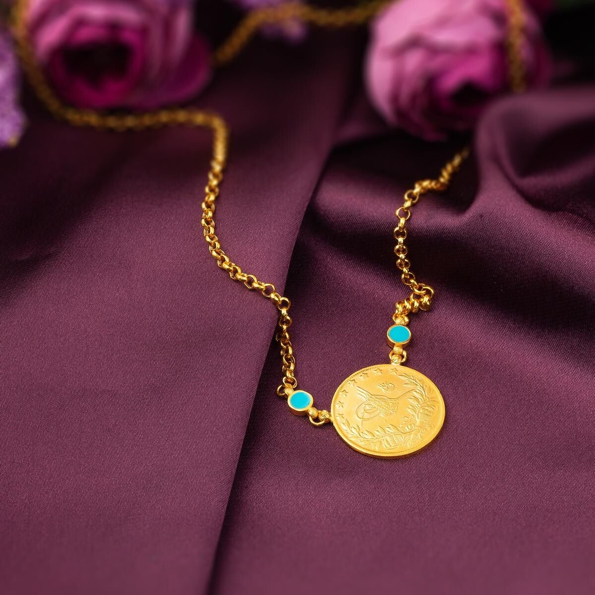 22K Yellow Gold Half Ottoman Resat Coin Bead Turquoise Necklace