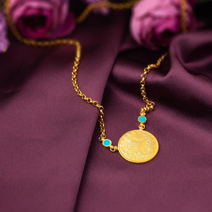22K Yellow Gold Half Ottoman Resat Coin Bead Turquoise Necklace