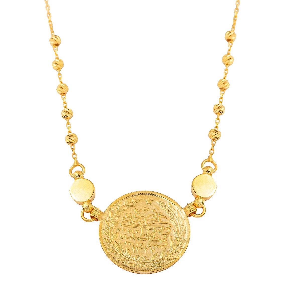 22K Yellow Gold Half Ottoman Resat Coin Bead Turquoise Necklace