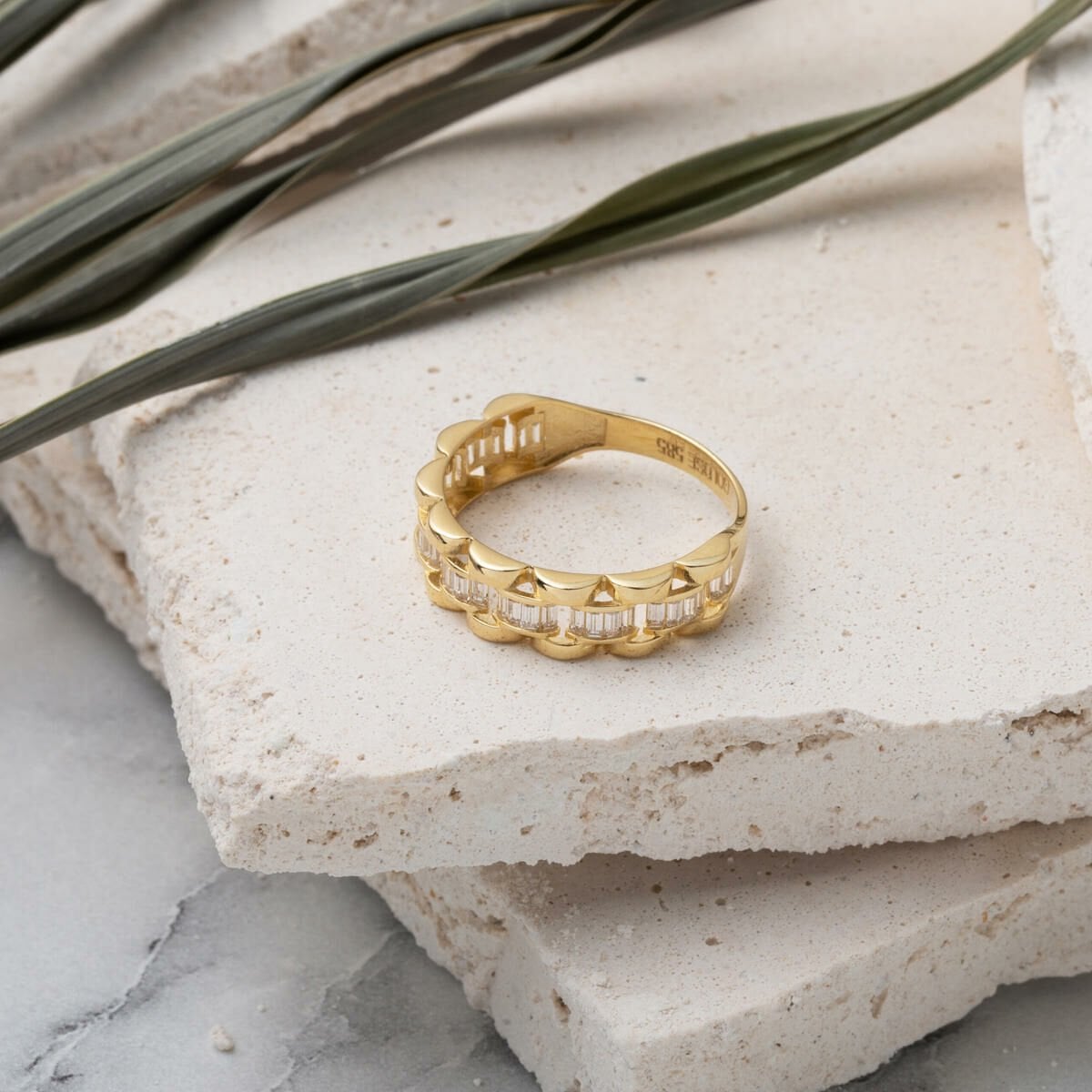 14K Yellow Gold Half Eternity Baguette Cubic Zirconia Ring