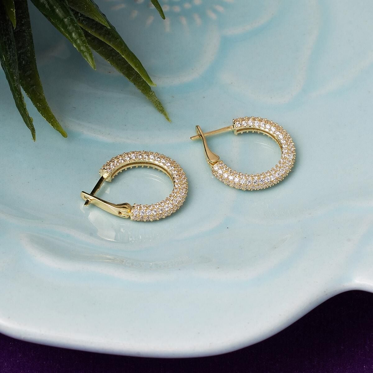 14K Yellow Gold Half Eternity Hoop Cubic Zirconia Earrings