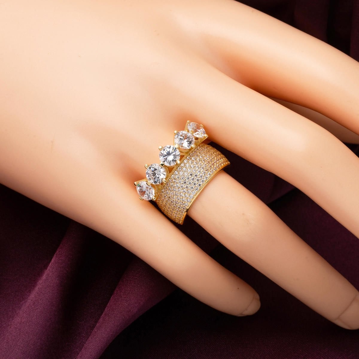 14K Yellow Gold Half Eternity Five Stone Cubic Zirconia Wedding Band Ring