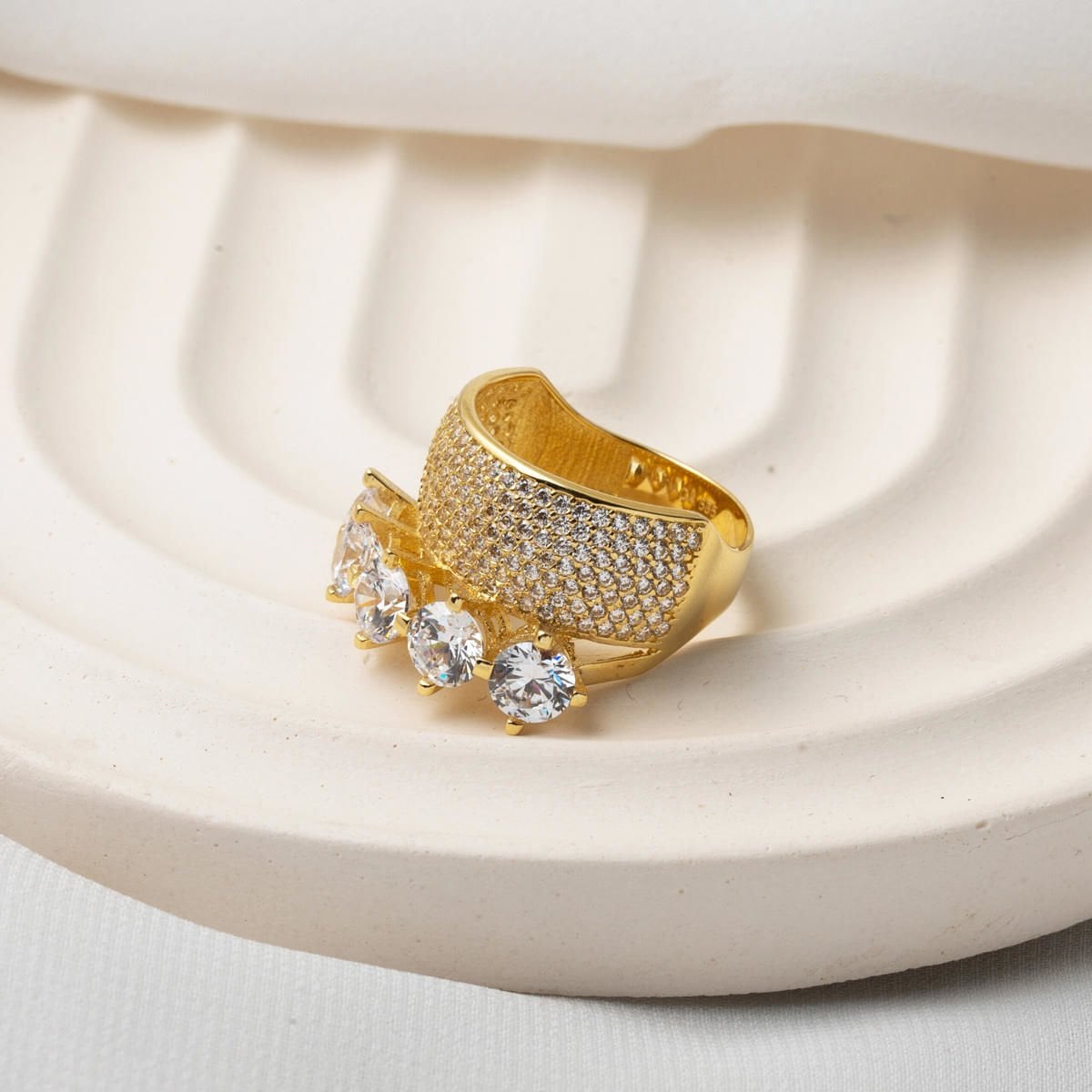 14K Yellow Gold Half Eternity Five Stone Cubic Zirconia Wedding Band Ring