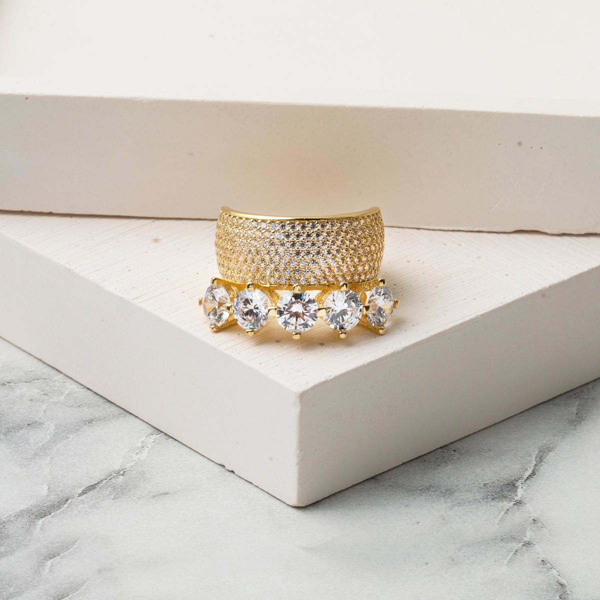 14K Yellow Gold Half Eternity Five Stone Cubic Zirconia Wedding Band Ring