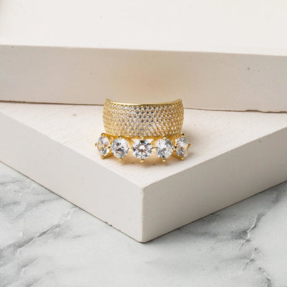 14K Yellow Gold Half Eternity Five Stone Cubic Zirconia Wedding Band Ring