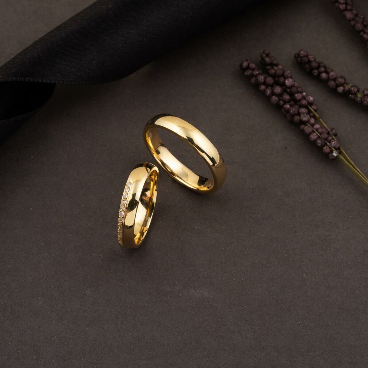 14K Yellow Gold Half Eternity Double Cubic Zirconia Wedding Band Ring