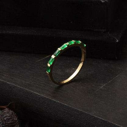 14K Yellow Gold Half Eternity Green Baguette Cubic Zirconia Ring