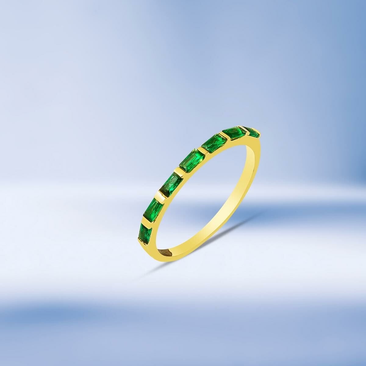 14K Yellow Gold Half Eternity Green Baguette Cubic Zirconia Ring