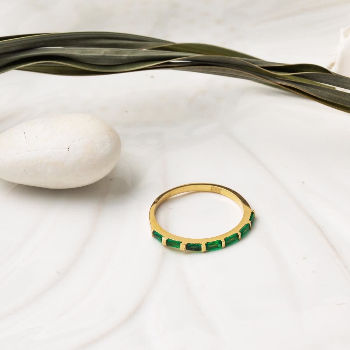 14K Yellow Gold Half Eternity Green Baguette Cubic Zirconia Ring