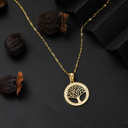 14K Yellow Gold Life Tree Cubic Zirconia Necklace