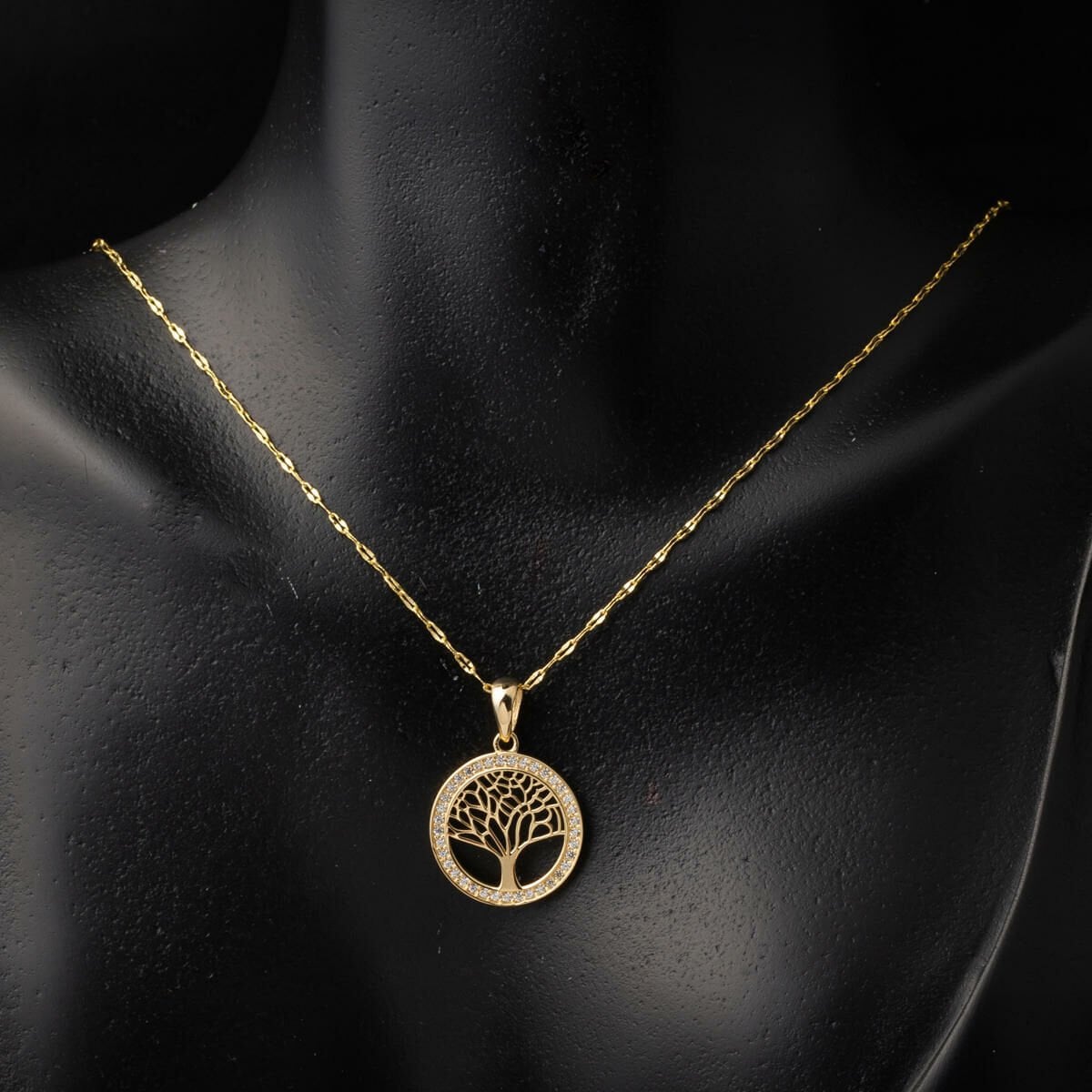 14K Yellow Gold Life Tree Cubic Zirconia Necklace