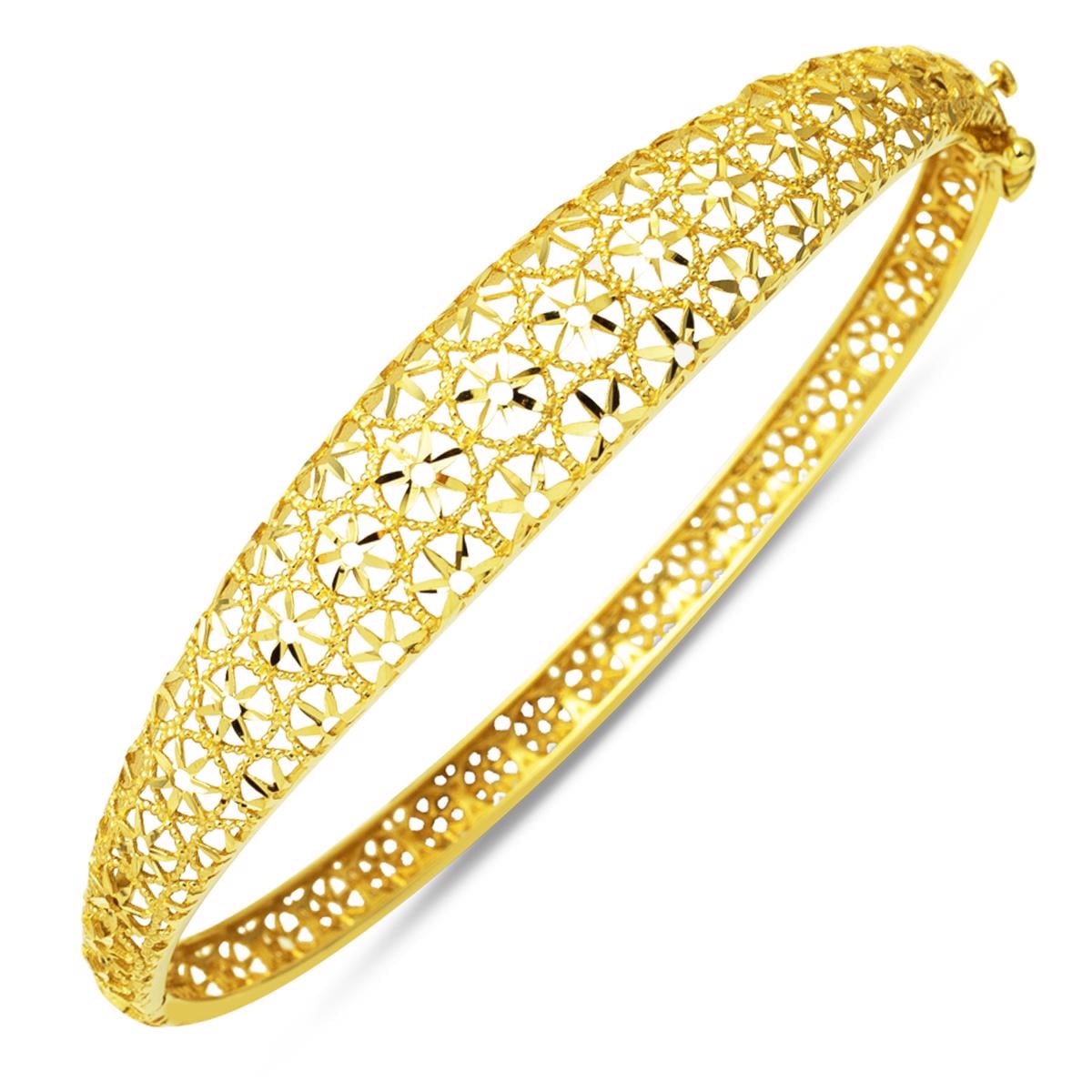 14K Yellow Gold Flower of Life Hinged Cuff Bangle (10.31 g)