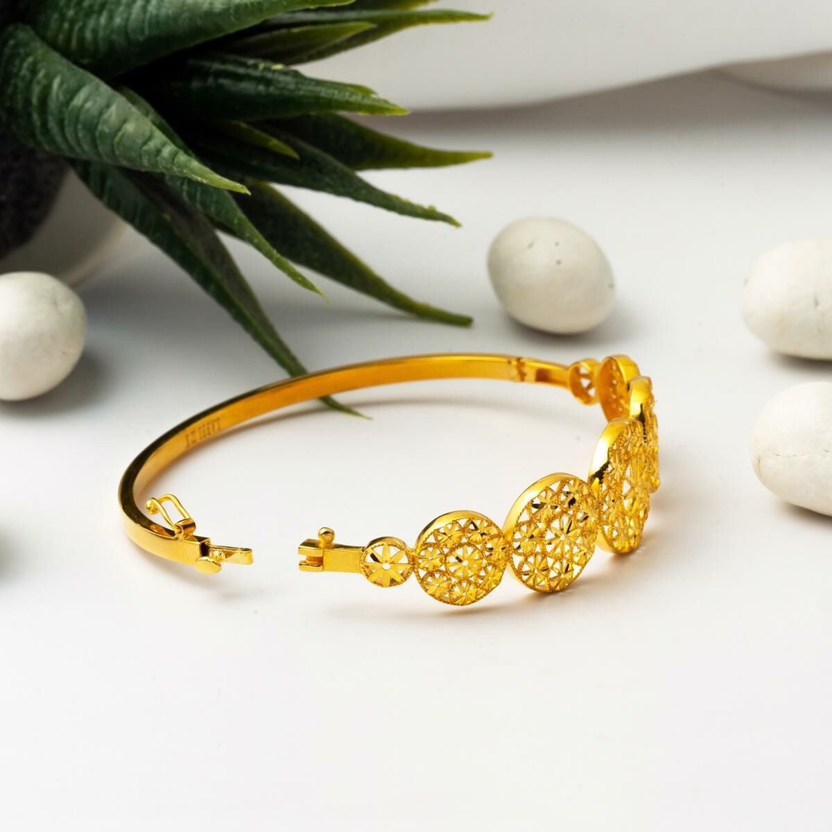 22K Yellow Gold Flower of Life Hinged Cuff Bangle (10.85 g)