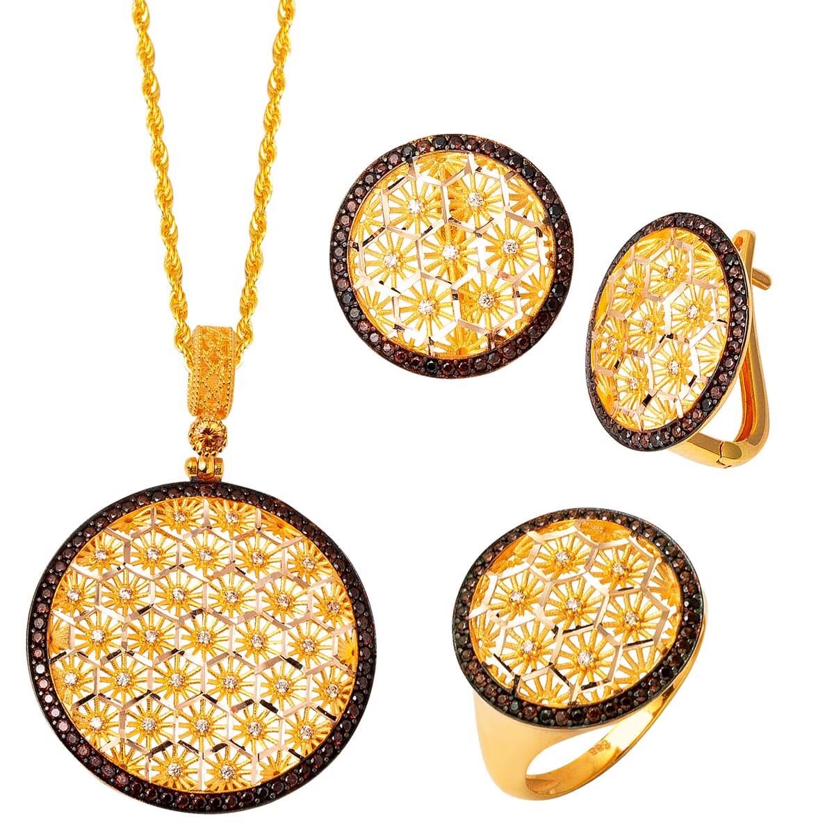 14K Yellow Gold Flower of Life Cubic Zirconia 3-Piece Jewelry Set