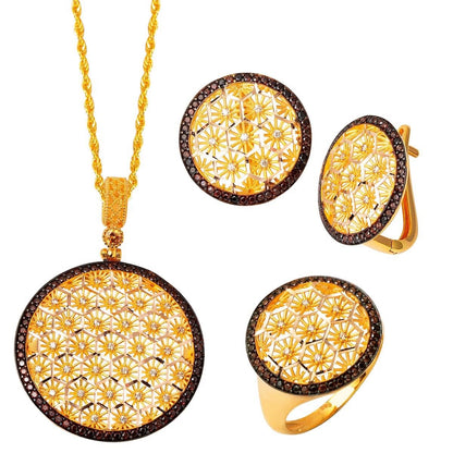 14K Yellow Gold Flower of Life Cubic Zirconia 3-Piece Jewelry Set