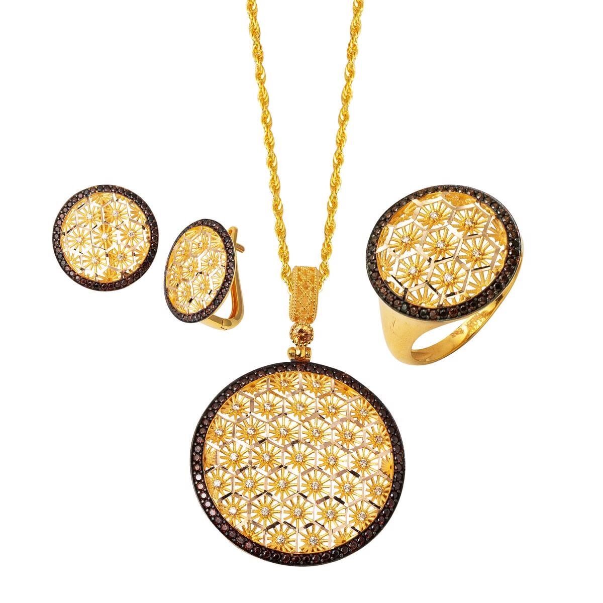 14K Yellow Gold Flower of Life Cubic Zirconia 3-Piece Jewelry Set