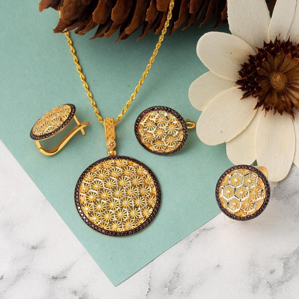 14K Yellow Gold Flower of Life Cubic Zirconia 3-Piece Jewelry Set