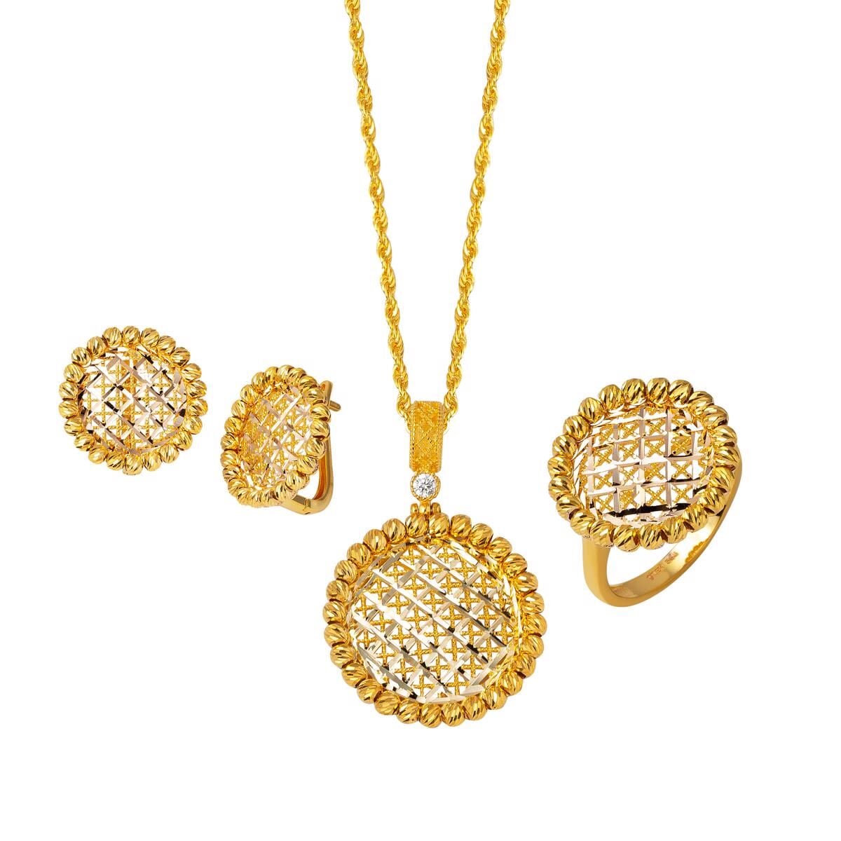 14K Yellow Gold Flower of Life Engagement Cubic Zirconia Jewelry Set