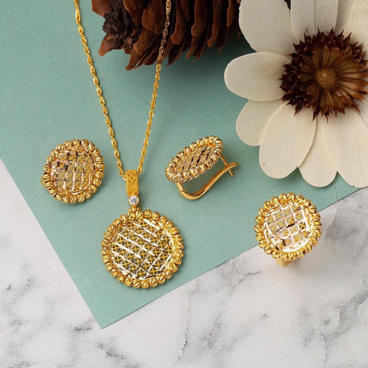 14K Yellow Gold Flower of Life Engagement Cubic Zirconia Jewelry Set