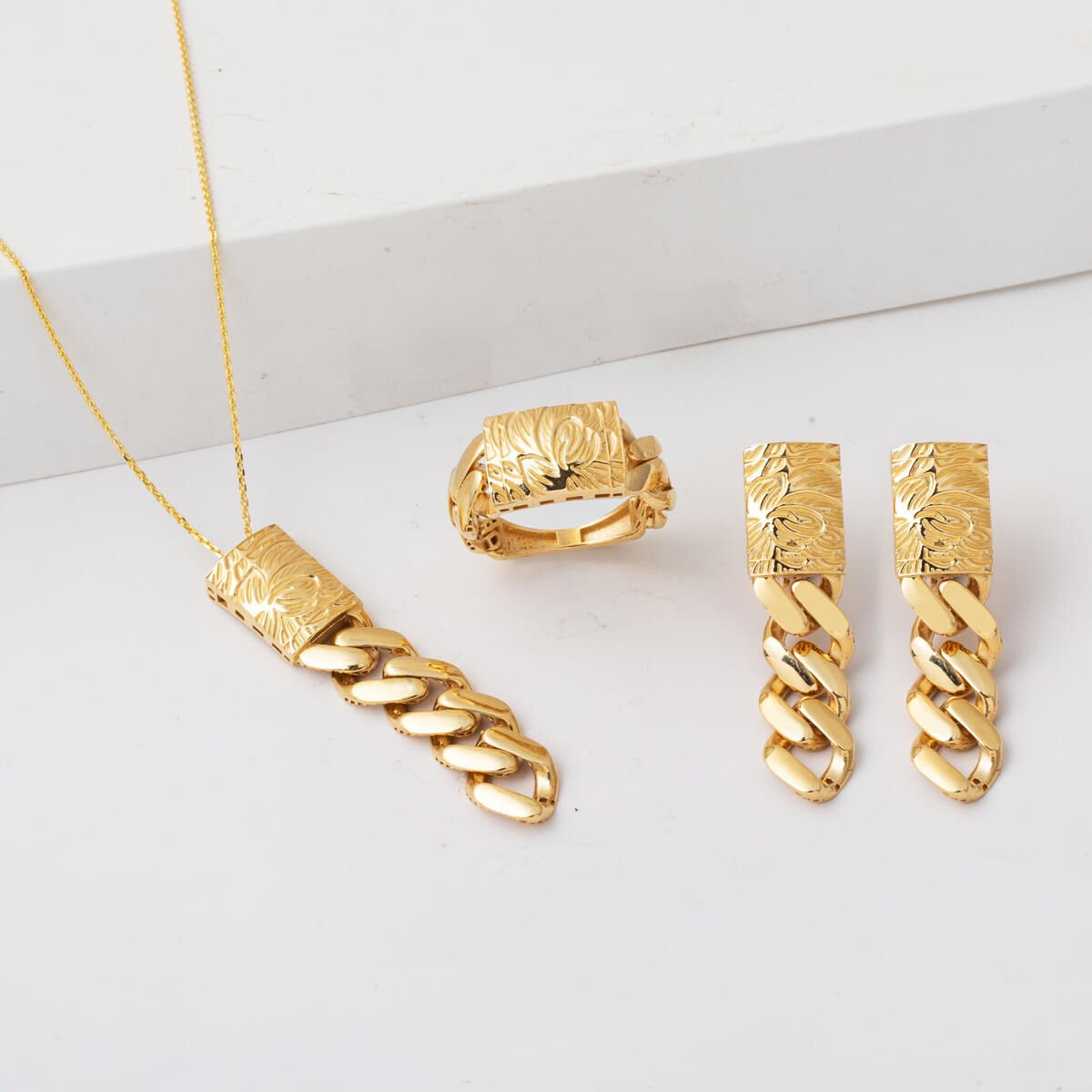 14K Yellow Gold Flower of Life Curb Minimalist Jewelry Set