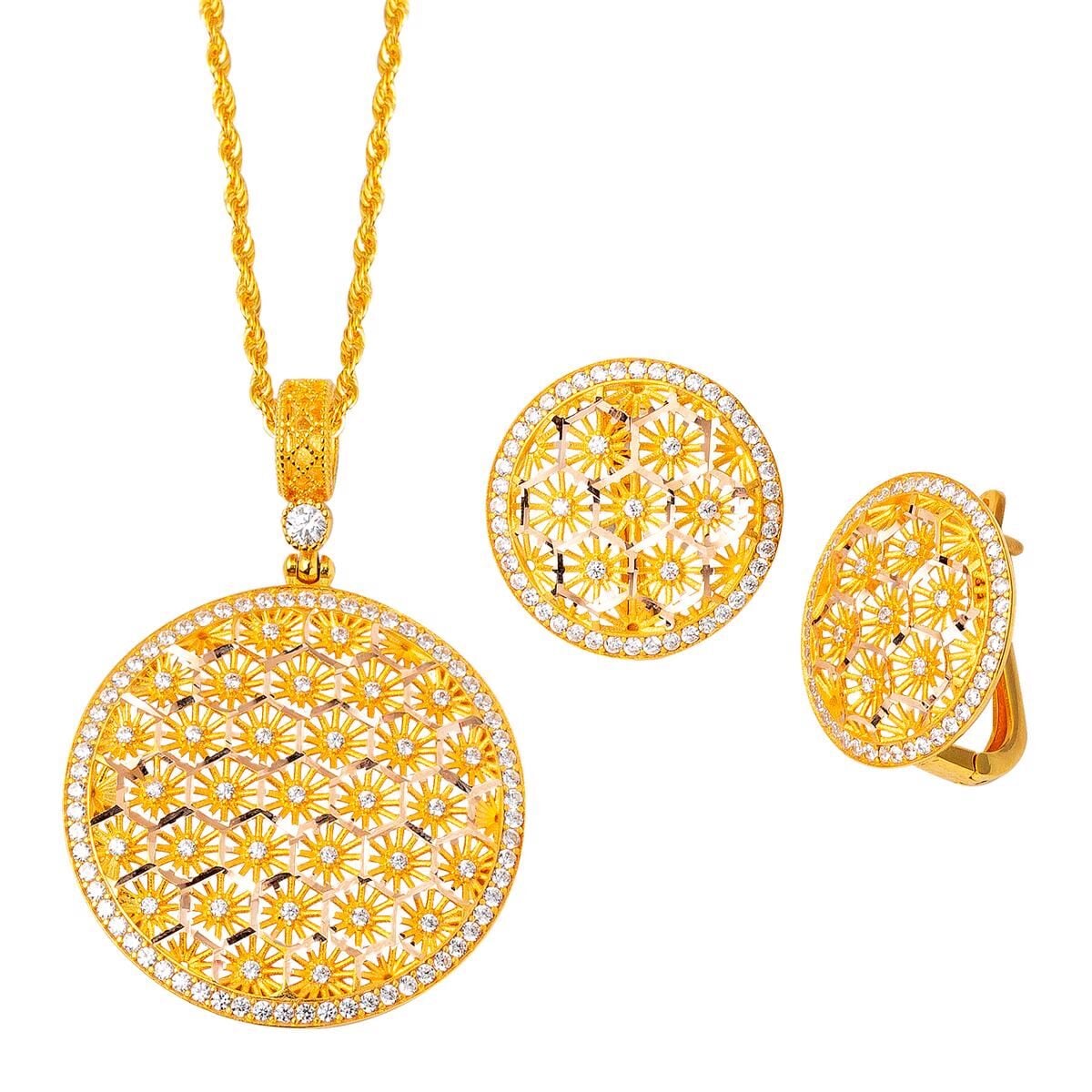 14K Yellow Gold Flower of Life Cubic Zirconia Necklace and Earrings Set (9.25 g)