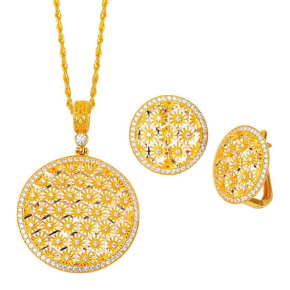 14K Yellow Gold Flower of Life Cubic Zirconia Necklace and Earrings Set (9.25 g)