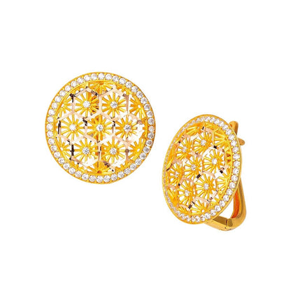 14K Yellow Gold Flower of Life Cubic Zirconia Necklace and Earrings Set (9.25 g)