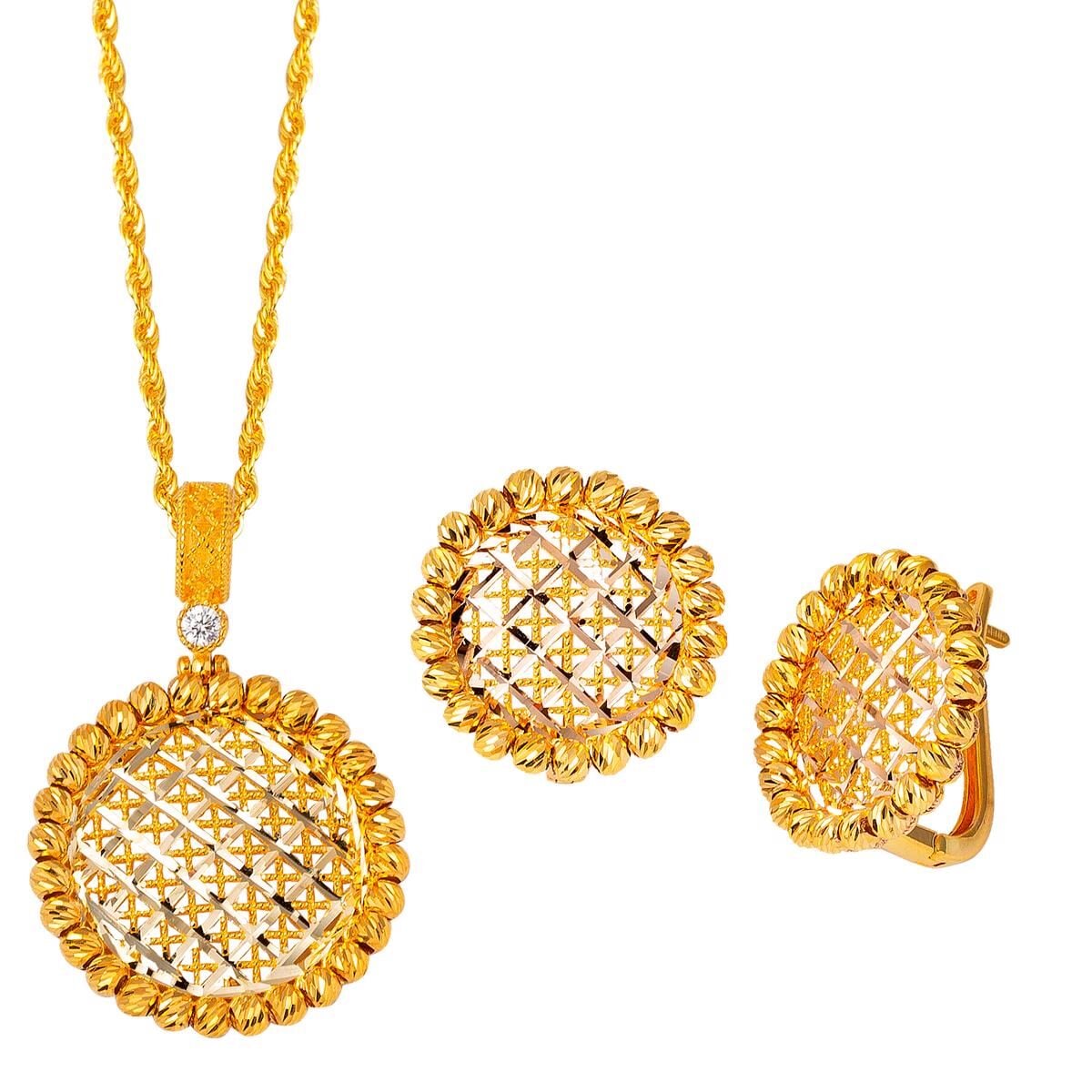 14K Yellow Gold Flower of Life Cubic Zirconia Necklace and Earrings Set (10.08 g)