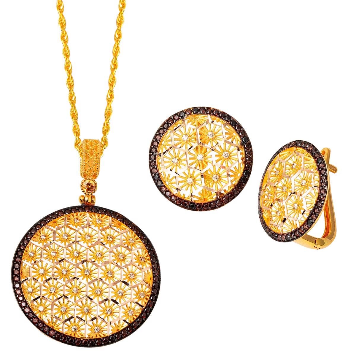 14K Yellow Gold Flower of Life Cubic Zirconia Necklace and Earrings Set (9.14 g)