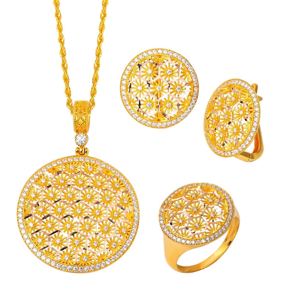 14K Yellow Gold Flower of Life Star Cubic Zirconia 3-Piece Set