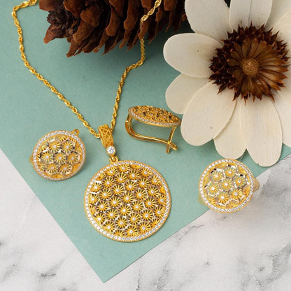 14K Yellow Gold Flower of Life Star Cubic Zirconia 3-Piece Set