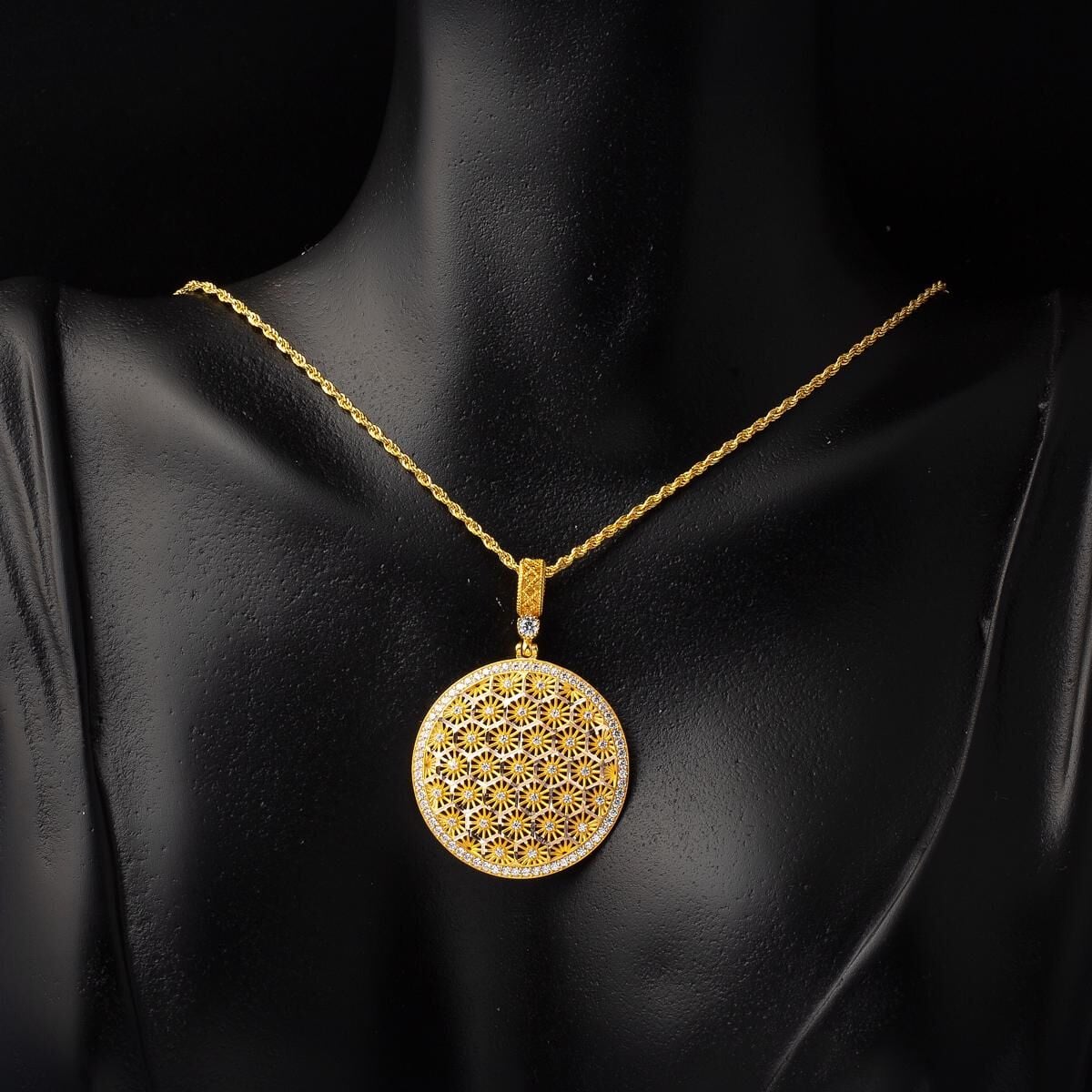 14K Yellow Gold Flower of Life Star Cubic Zirconia Necklace