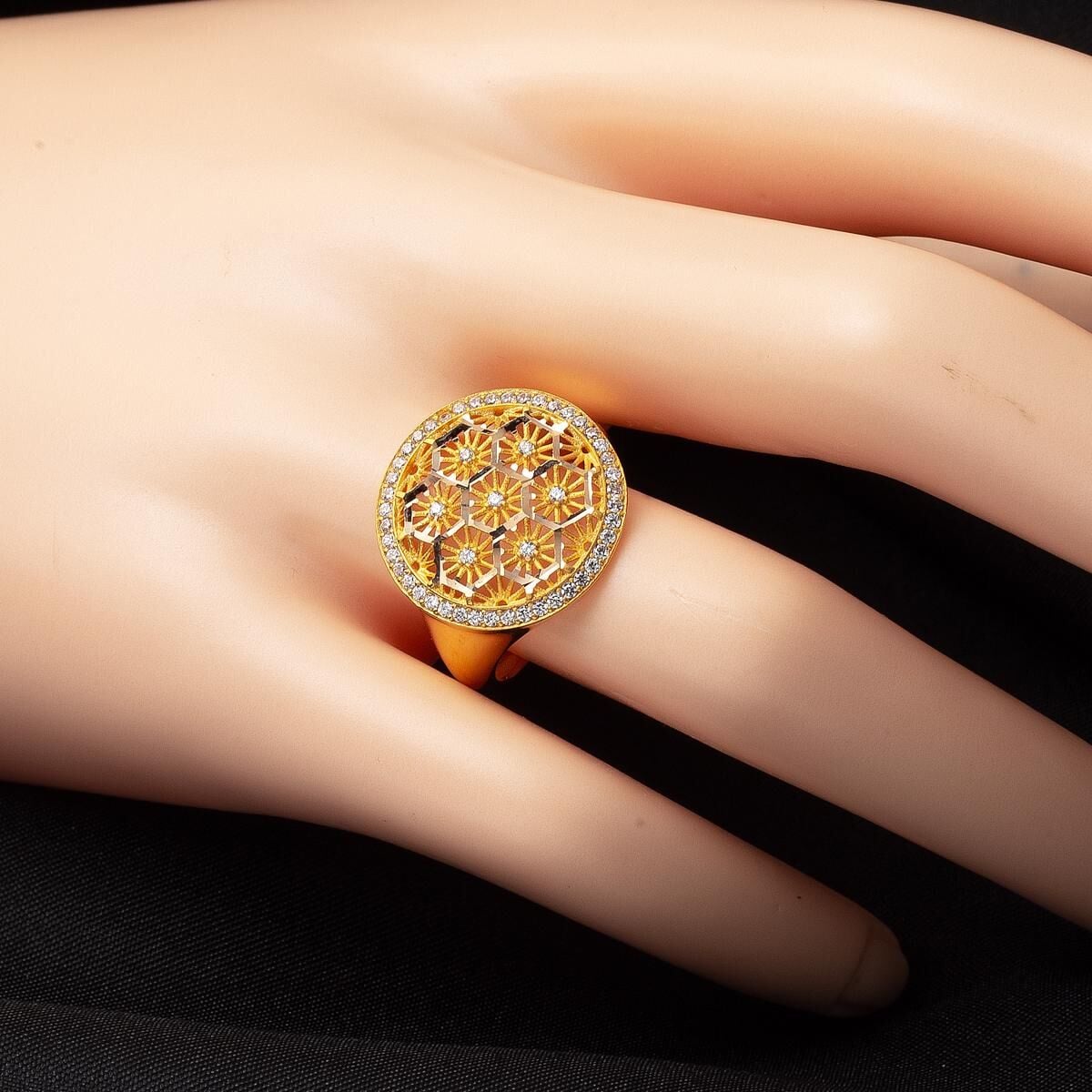 14K Yellow Gold Flower of Life Star Cubic Zirconia Ring