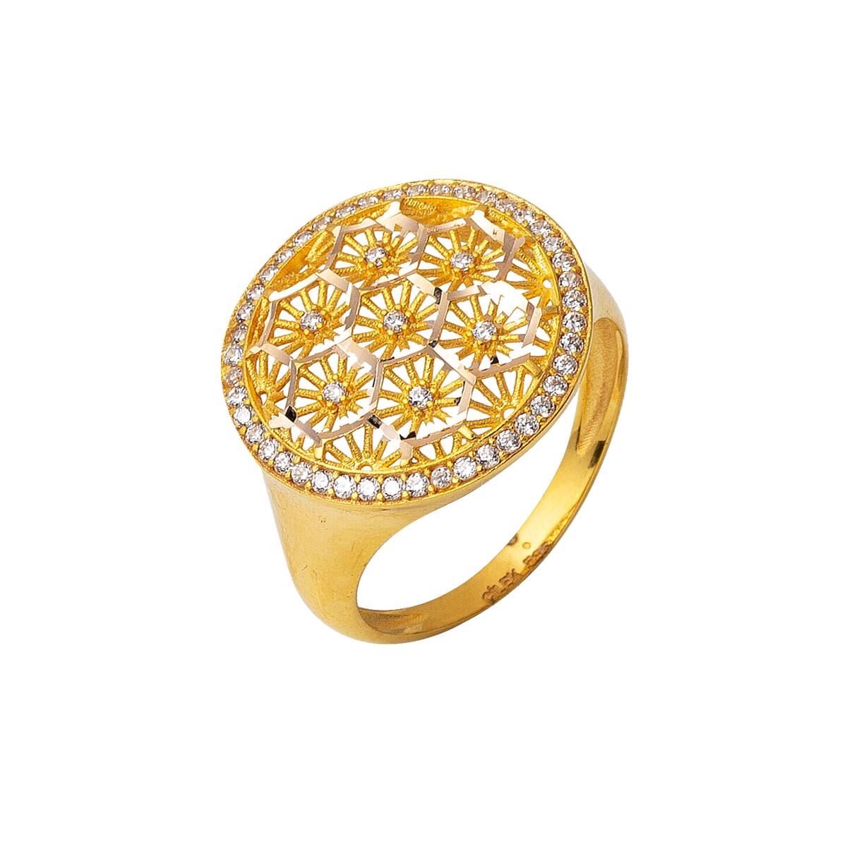 14K Yellow Gold Flower of Life Star Cubic Zirconia Ring