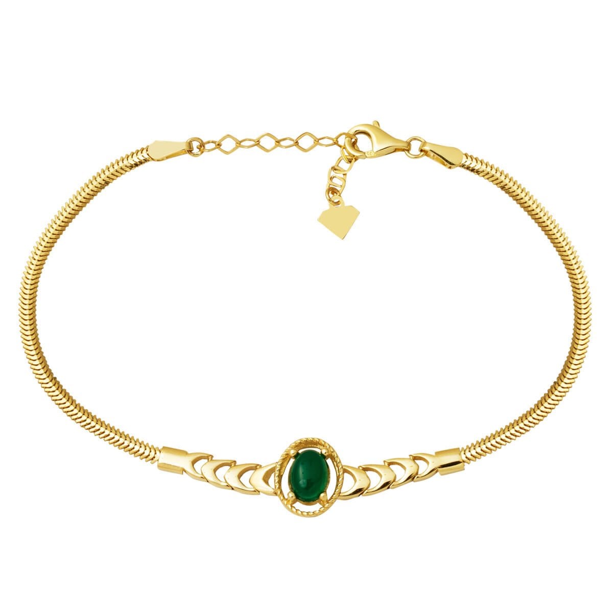 14K Yellow Gold Herringbone Green Agate Bracelet