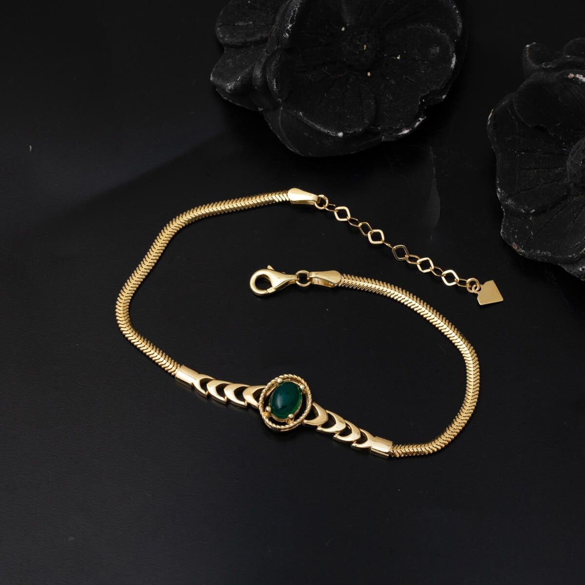 14K Yellow Gold Herringbone Green Agate Bracelet