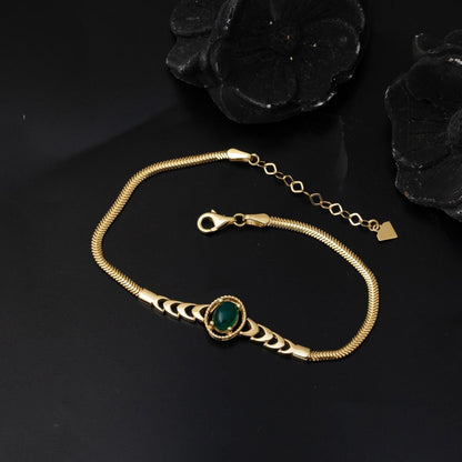 14K Yellow Gold Herringbone Green Agate Bracelet