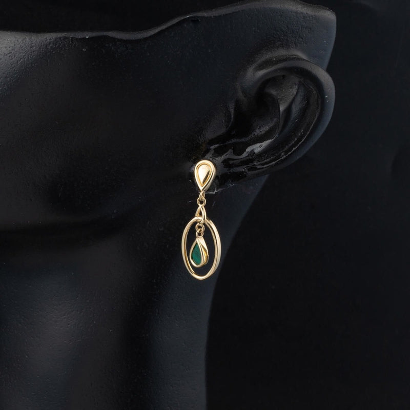 14K Yellow Gold Green Teardrop Dangle Onyx Earrings