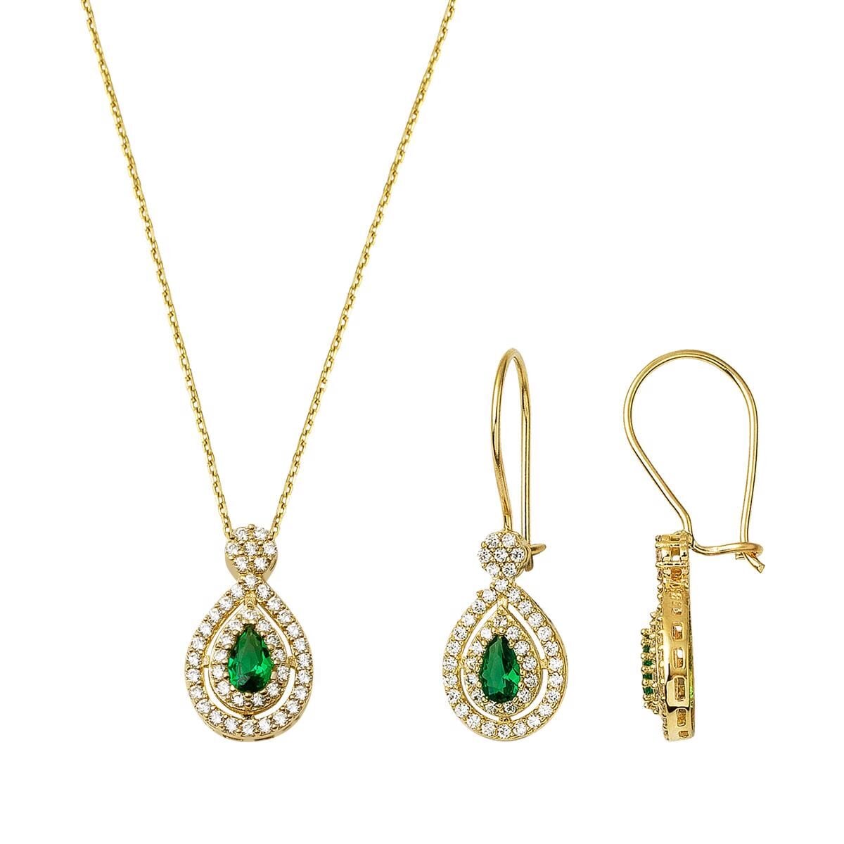 14K Yellow Gold Green Teardrop Cubic Zirconia Necklace and Earrings Set