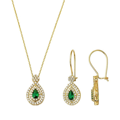 14K Yellow Gold Green Teardrop Cubic Zirconia Necklace and Earrings Set