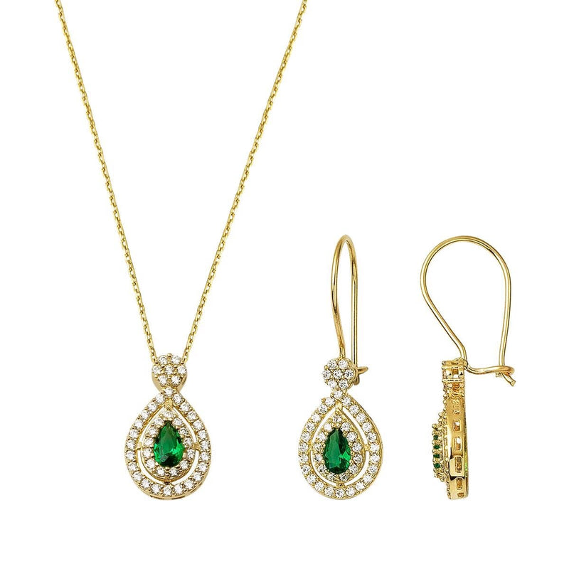 14K Yellow Gold Green Teardrop Cubic Zirconia Necklace and Earrings Set