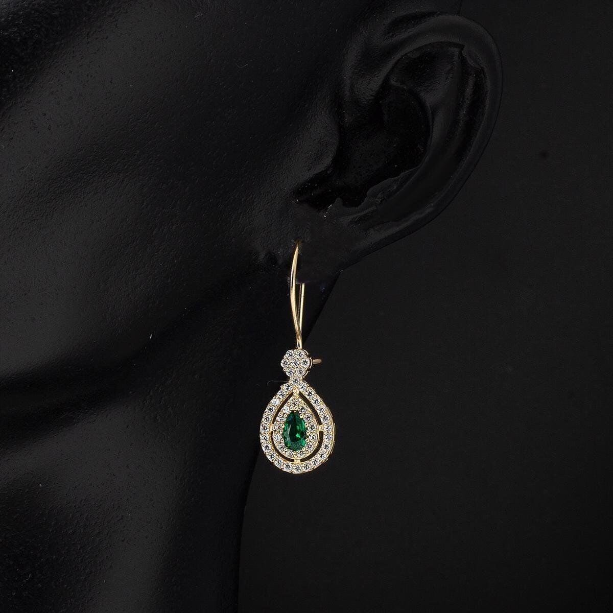 14K Yellow Gold Green Teardrop Cubic Zirconia Necklace and Earrings Set