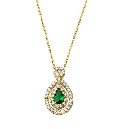 14K Yellow Gold Green Teardrop Cubic Zirconia Necklace and Earrings Set