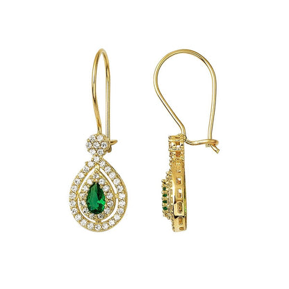 14K Yellow Gold Green Teardrop Cubic Zirconia Necklace and Earrings Set