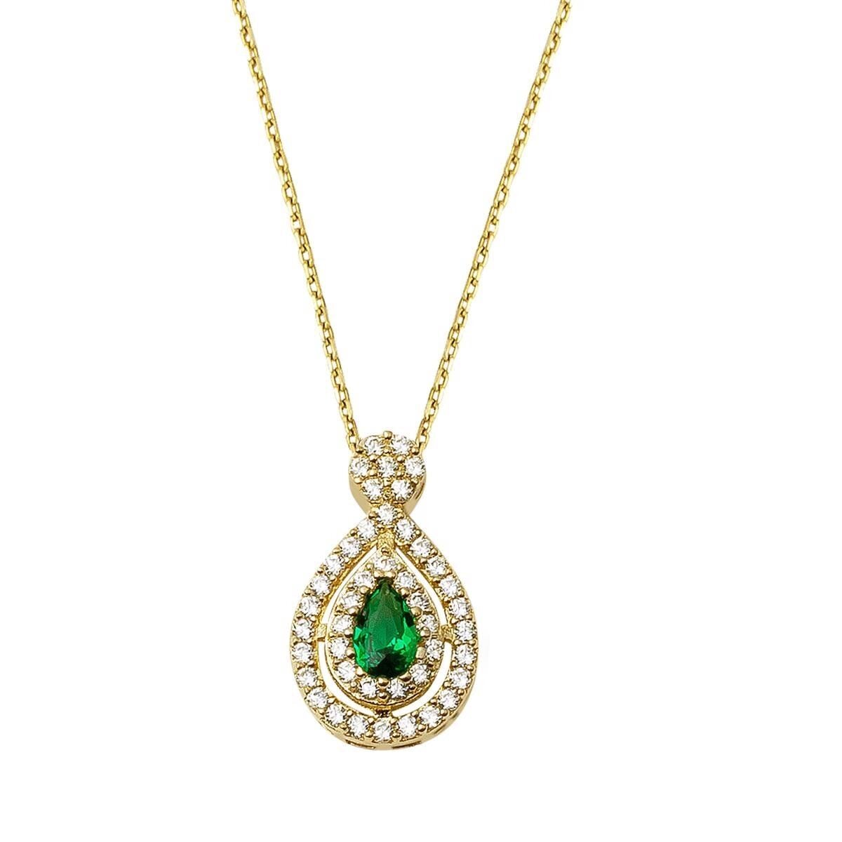 14K Yellow Gold Green Teardrop Cubic Zirconia Necklace (2.43 g)