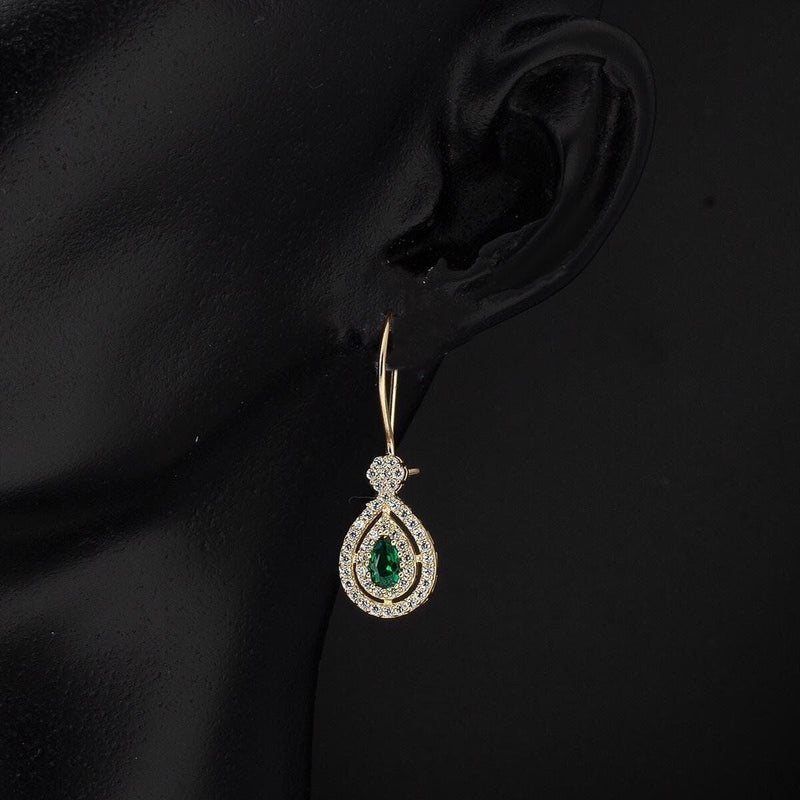 14K Yellow Gold Green Teardrop Cubic Zirconia Earrings