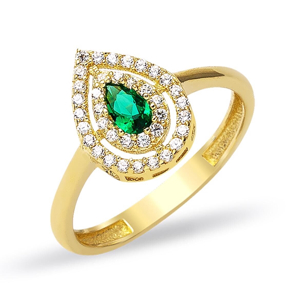 14K Yellow Gold Green Teardrop Cubic Zirconia Ring