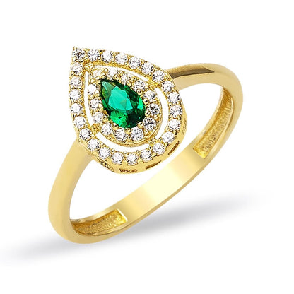 14K Yellow Gold Green Teardrop Cubic Zirconia Ring