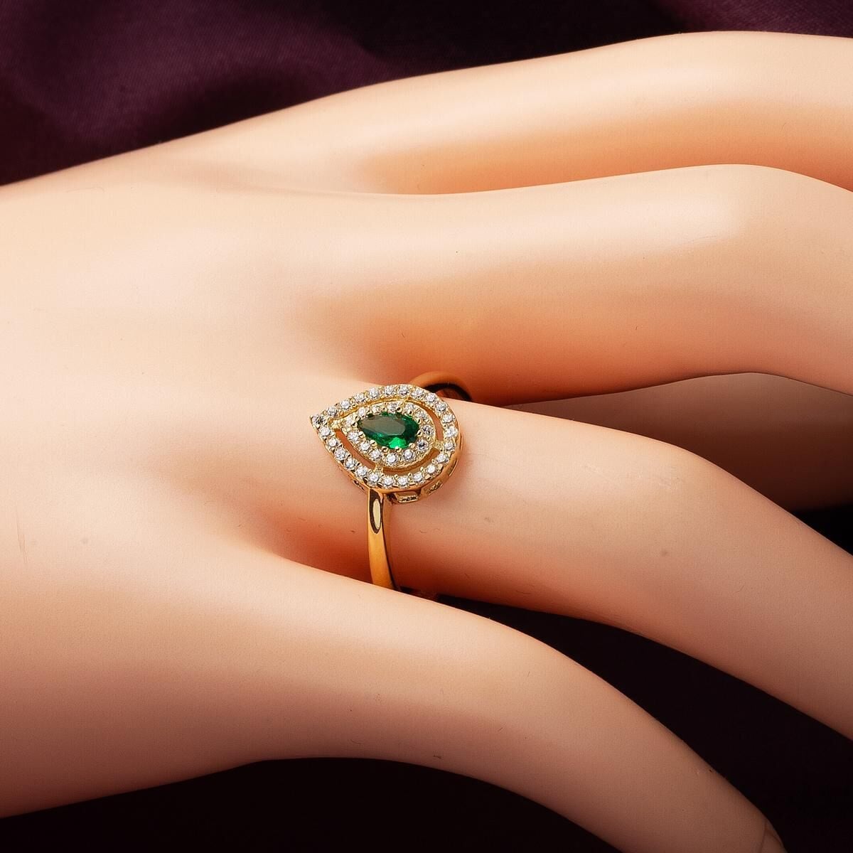 14K Yellow Gold Green Teardrop Cubic Zirconia Ring